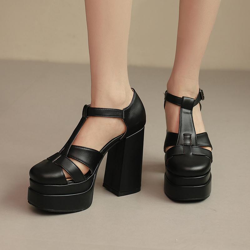 Большого размера Высокая водонепроницаемая платформа Плетеный тонкий ремень С боковыми вырезами Модные сандалии Супер высокий толстый каблук Сандалии с Т-образным ремешком