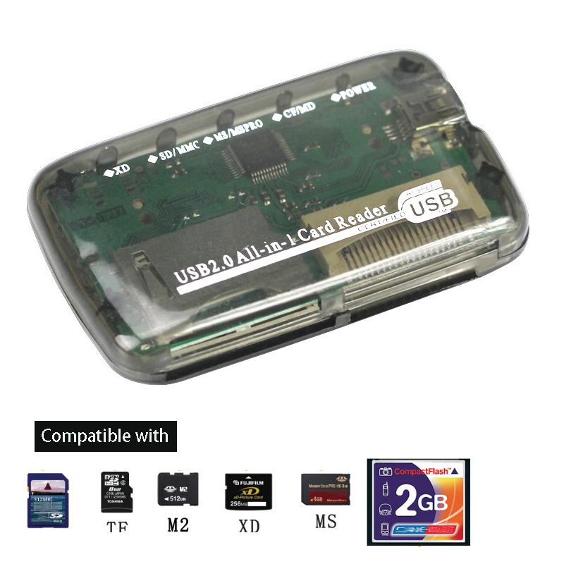 Transparent USB 2.0 Card Reader Dongle CF MS TF M2 XD SD Memory Card Writer 480Mbps View Data Transfer Adapter Plug Play