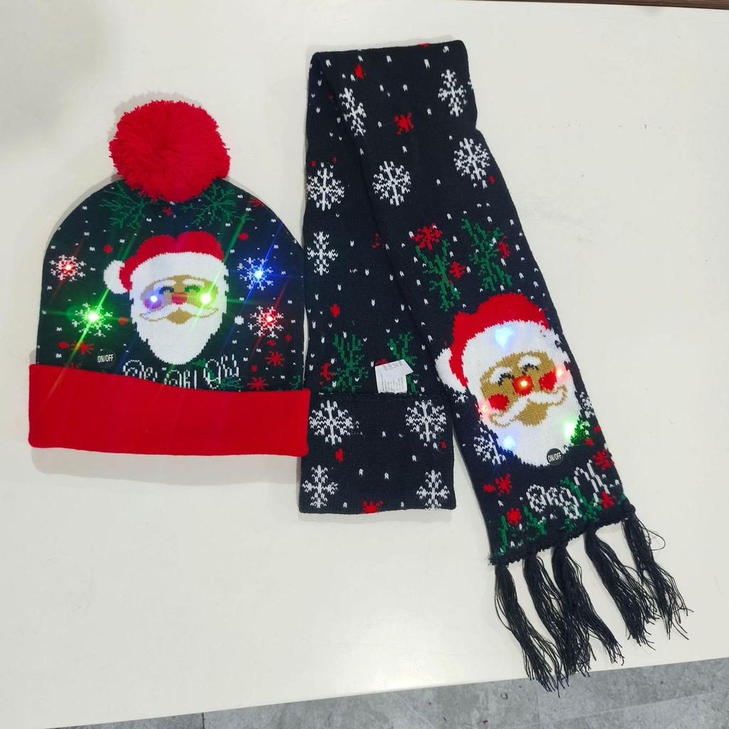 LED Light-Up Elk Jacquard Knit Hat & Scarf Set for Christmas & New Year.