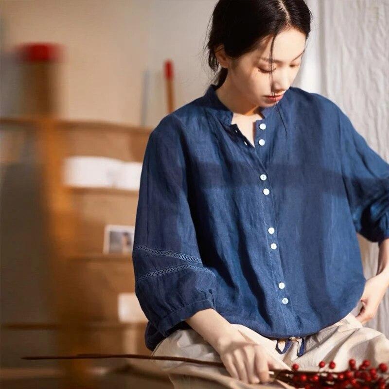 Johnature Spring Autumn Women Japanese Vintage Short Shirts Casual Stand Collar Loose All Match Female Tops