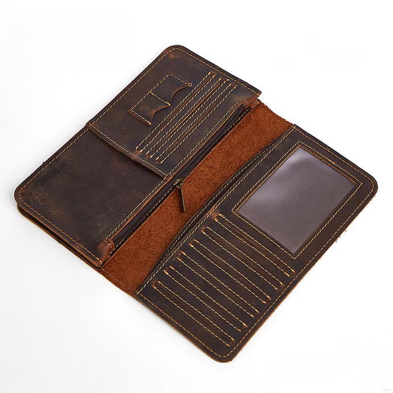 Genuine Leather Men's Long Wallet - Retro Crazy Horse Leather, Multi-Card Slots, Casual Clutch Bag