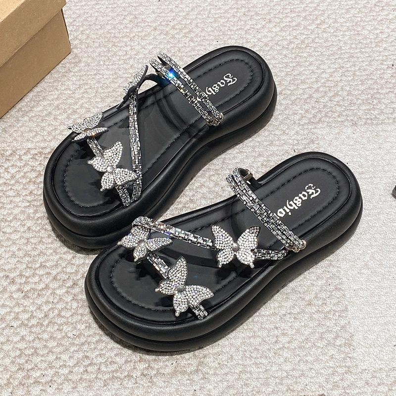 Фея ветер маффин толстая подошва крутые тапочки женские уличные 2025 лето новый круглый нос ремешок со стразами два способа носки сандалии на плоской подошве