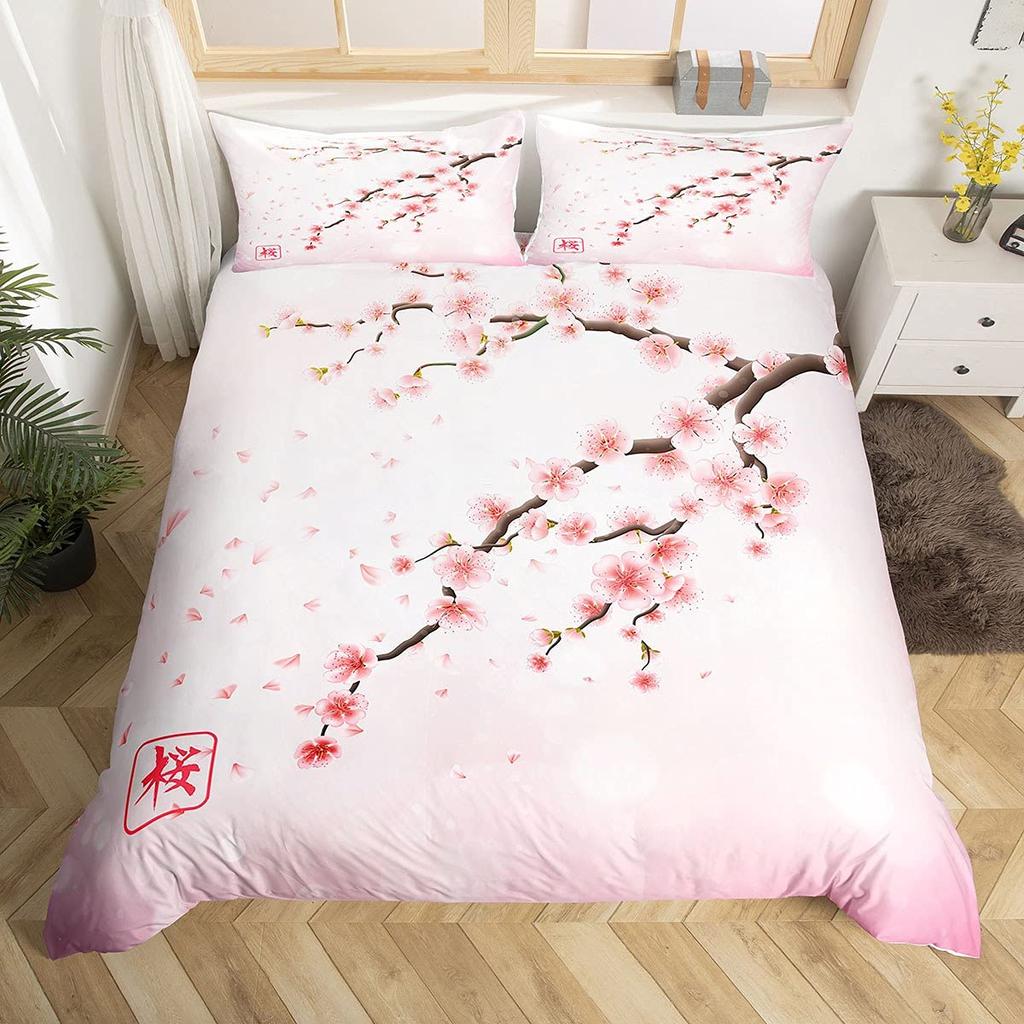 Cherry Blossoms Duvet Cover King/Queen Size,Japanese Sakura Tree Pink Floral Spring Vintage Cultural Bedding Set for Women Girls