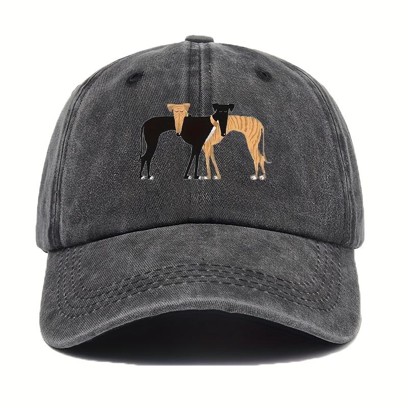 A Baseball Cap with a Print of Two Adorable Greyhounds Featuring a Black and Yellow Color Scheme It Is Stylish and Minimalist