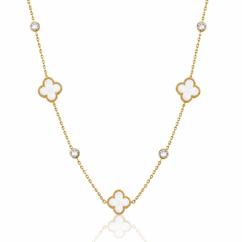 14K Gold Plated Stainless Steel Necklace, White Clovers, Zircons Nst2287