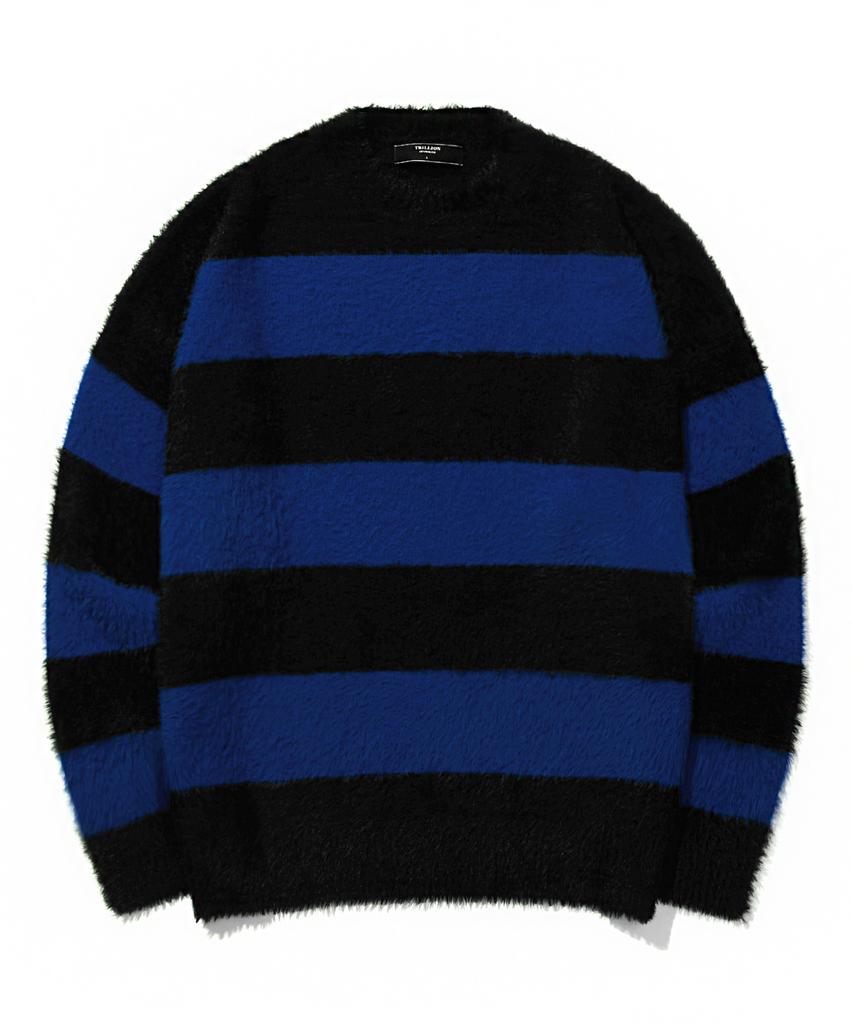 TRILLION Hairy Brush Striped Crew Neck Knit (Blue)