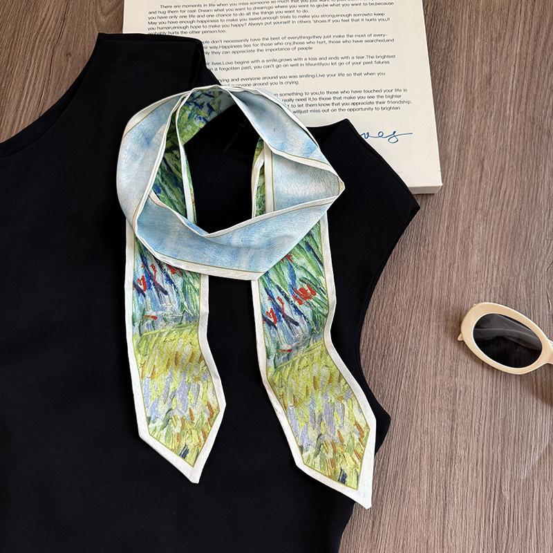 Silk Scarf Long Strip High Sense Spring and Summer Versatile Oil Painting Headscarf Headband Tied Bag Streamer Decorative Scarf Multi-purpose Belt