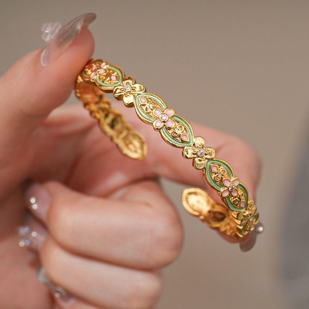 Handicraft Enamel Glazed Bracelet Gold Opening Bracelet Elegant New Chinese Style Bangle Party