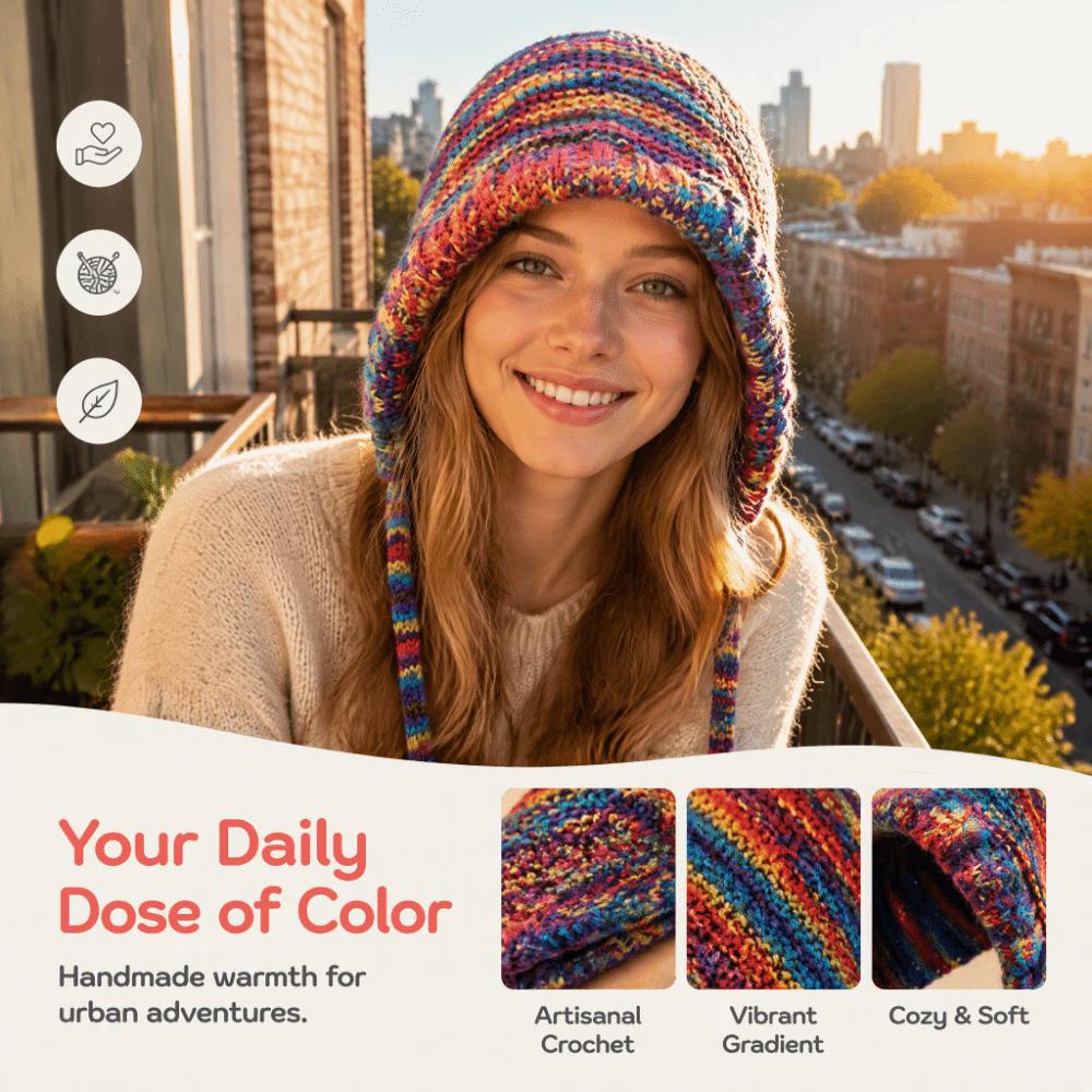 Rainbow Striped Knitting Beanie Hat Thick Knit Winter Bucket Hat Fashion Crochet Cap For Women