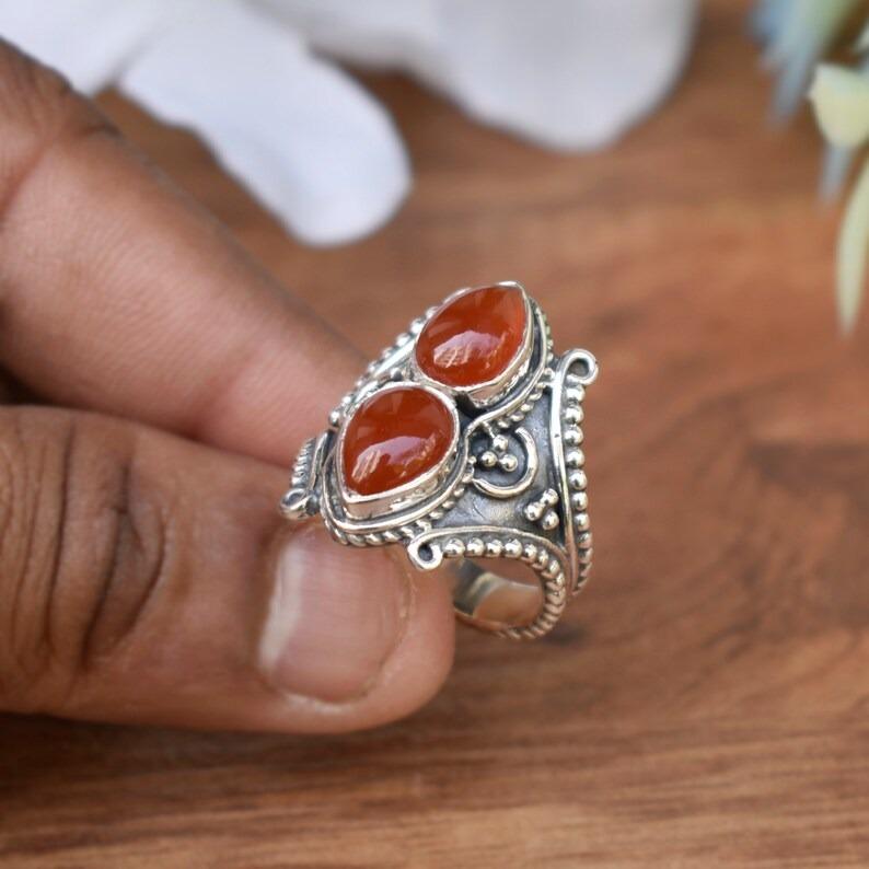 Solid 925 Sterling Silver Carnelian Gemstone Boho Designer Birthstone Gift Handmade Ring Jewelry Statement Ring