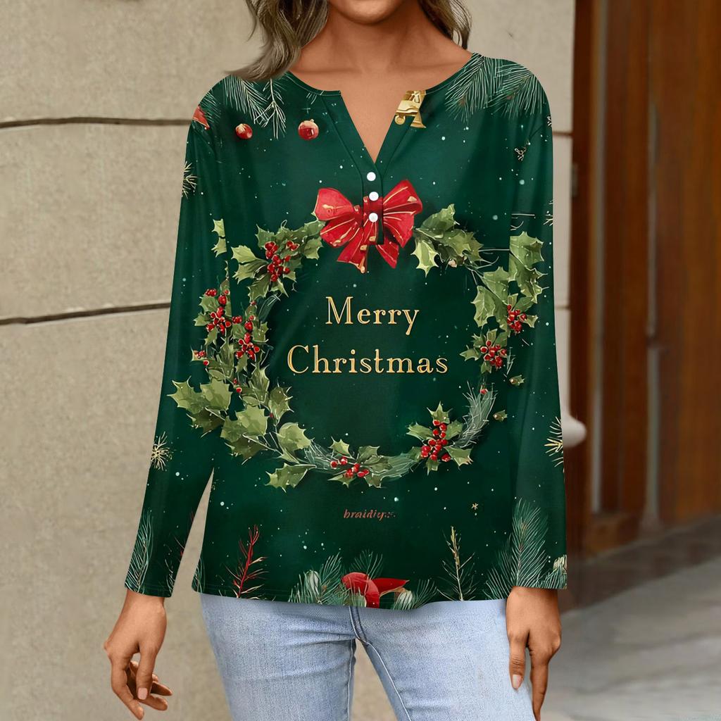 Women's Fashion Casual V-Neck Long Sleeve Decorative Button Christmas Print Top