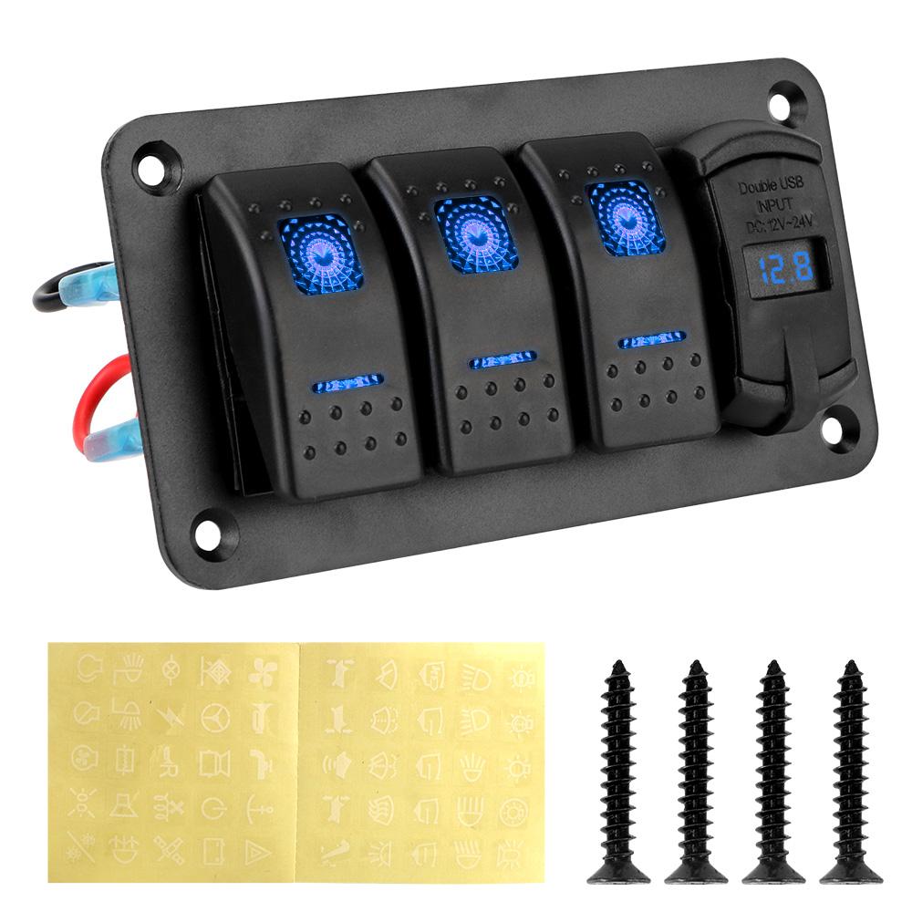12V-24V Digital Voltmeter Circuit Breaker for Car SUV Marine RV Truck 4.2A Dual USB Slot Charger 3 Gang Switch Panel