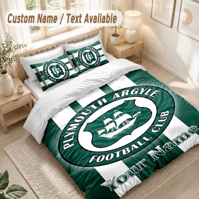 Custom Name Bedding Set 3 PiecesPlymouth Argyle FC Print Duvet Cover + 2 Pillowcases Soft Bed Decor