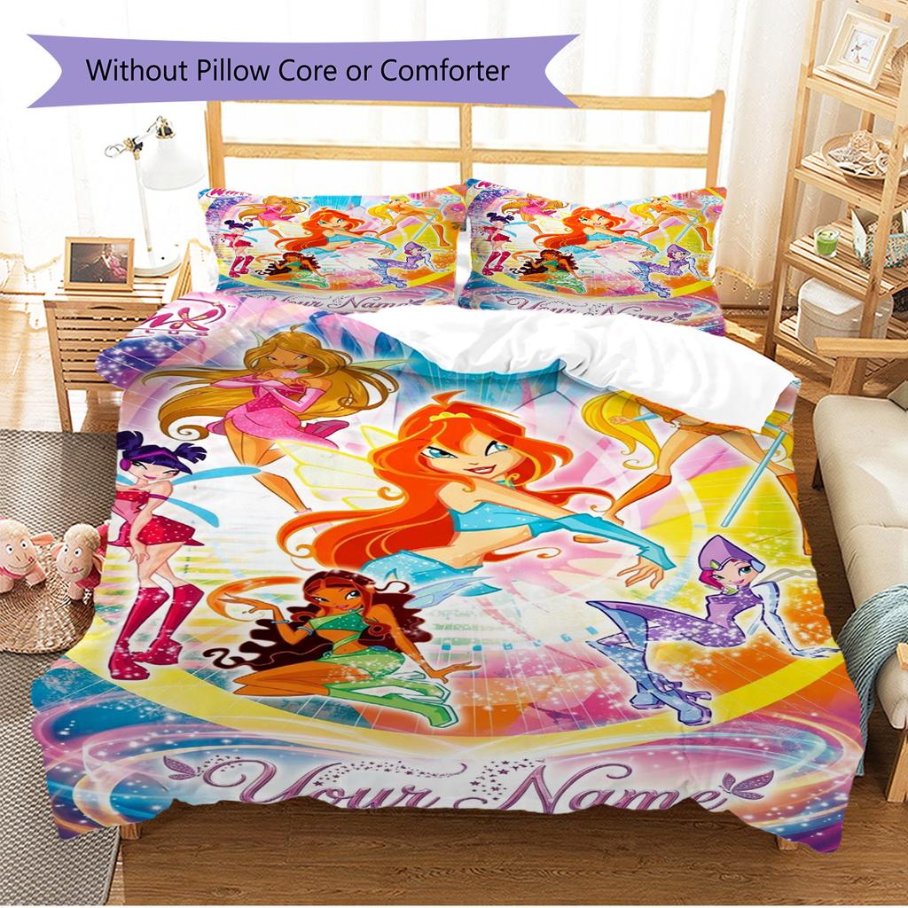 Name Custom Winx Club Cartoon Pattern Bedding Set Quilt Cover Pillowcase Home Decor Gift (1 * duvet cover + 2 * pillowcase, without core)