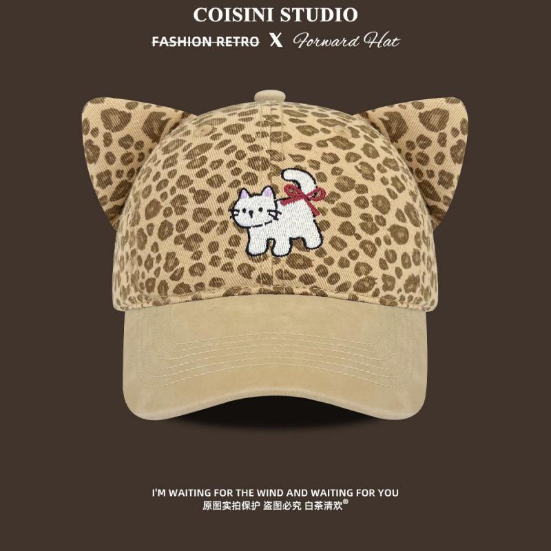 American Retro Leopard Print Cat Ears Baseball Hat Girl Spring And Autumn Show Face Small Street Fashion Sunscreen Cap Tide