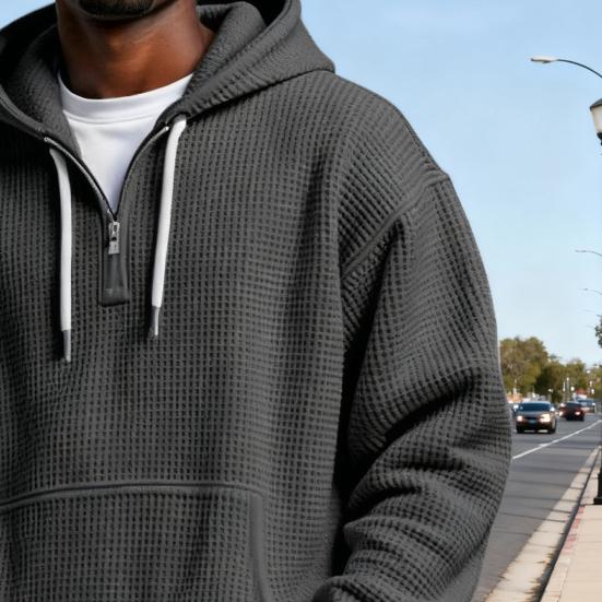 Мужской свитшот с вафельной текстурой, худи, однотонный, пуловер на молнии 1/4 с передним карманом, осенне-зимний, повседневный, свободного кроя, спортивный топ