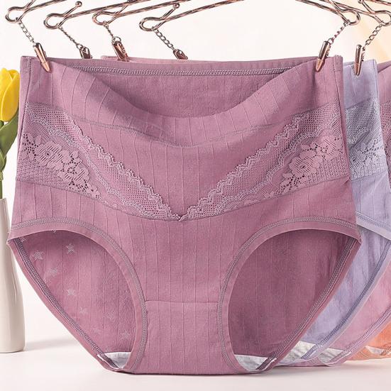 Lady Underpants High Waist Plus Slze Lace Trim Butt-covered Tummy Control Solid Color Elastic Panties Seamless Comfort Daily Sport Briefs