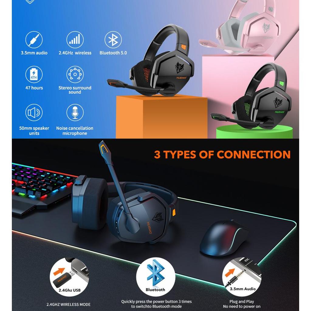 NUBWO G06 Беспроводная игровая гарнитура 2,4 ГГц, геймерские наушники 3-в-1 Беспроводная связь для консоли Playstation, режим Bluetooth для переключателя, проводной режим для контроллера