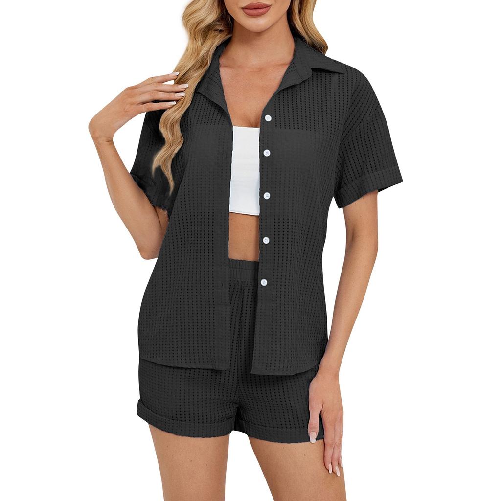 Женская повседневная однотонная рубашка с короткими рукавами, топы, шорты, домашняя одежда, комплект из двух предметов