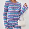 GMXIA Женская мода, повседневный полосатый принт, весенне-осенний свободный свитер с круглым вырезом и длинным рукавом, костюм из двух предметов