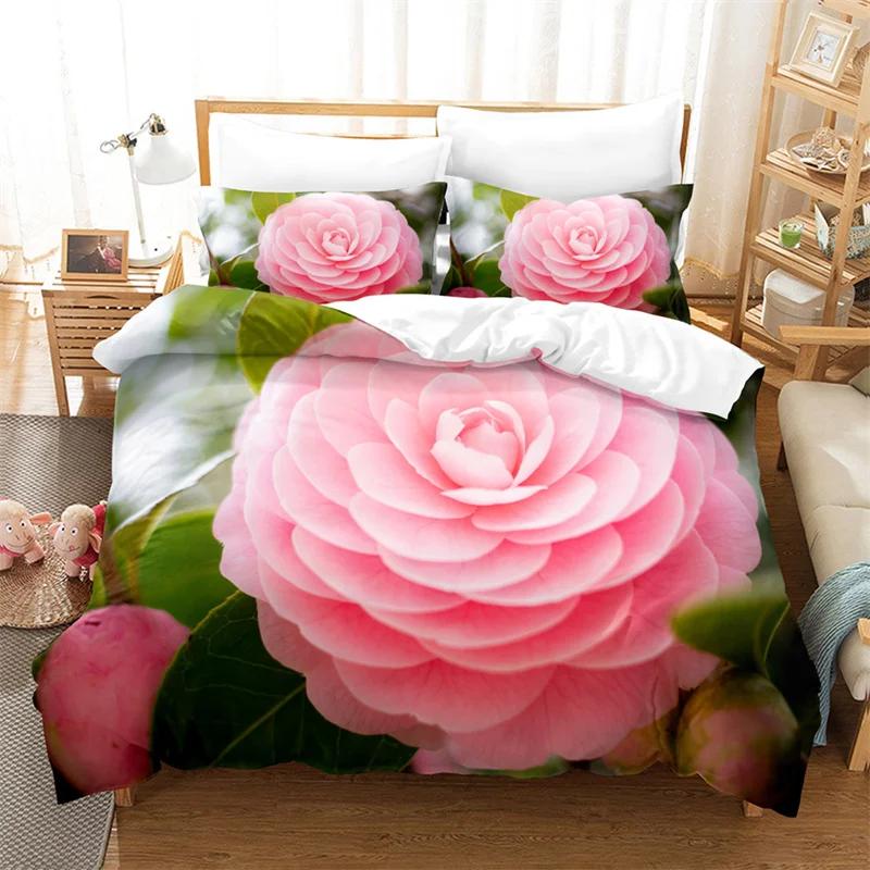 Comforter Rose Flower Bedding Set 4Pcs Pink Red 200X230 For Double Bed 3D Bedsheet 230X230 Full Size Thin Fabric