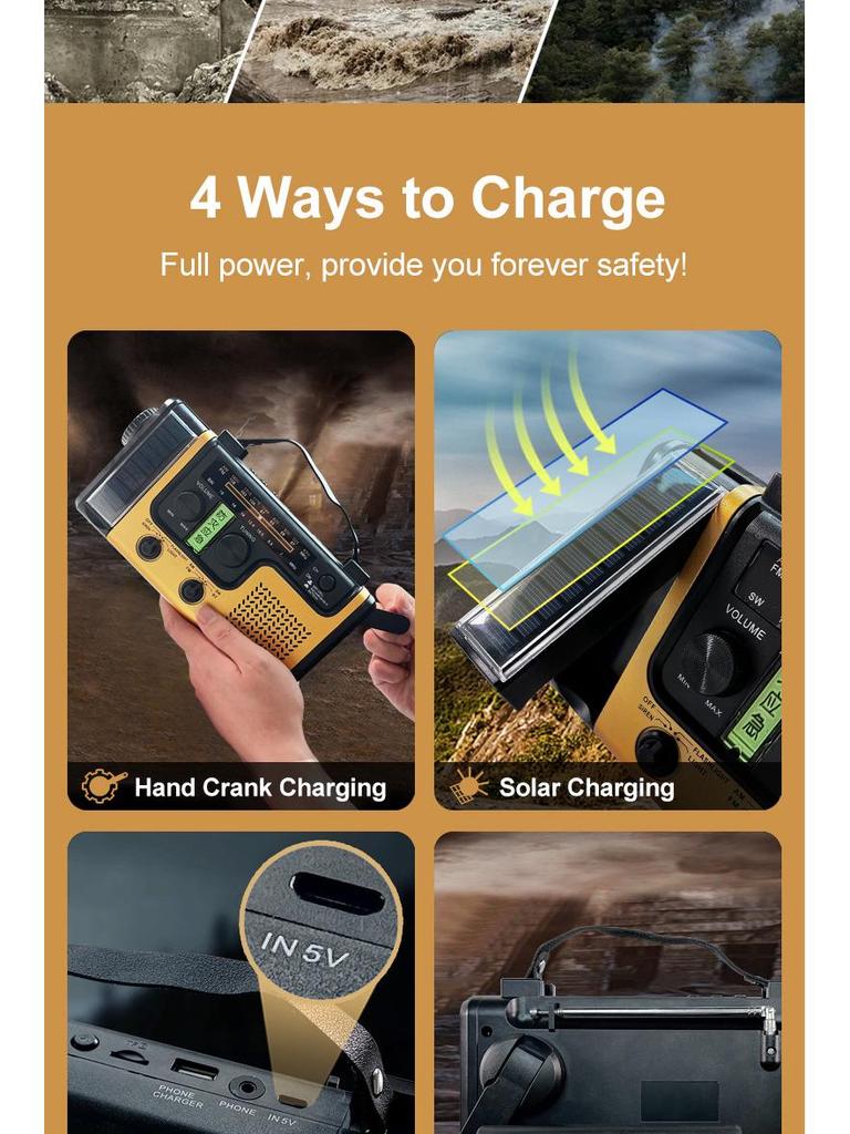 Портативное радио с ручным приводом и солнечной батареей для экстренных ситуаций с многофункциональным освещением для подготовки к стихийным бедствиям