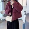 BITCED Short Stand-Up Collar Cotton Jacket for Women - Minimalist Oversized Fit Zipper Puffer Coat Solid Color