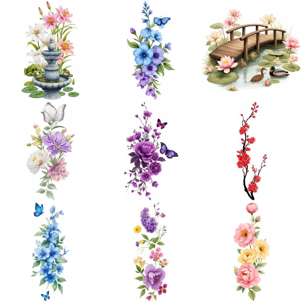 9pcs Temporary Tattoo Temporary Tattoo Stickers Butterfly With Lavender Flowers Orange Alstroemeria Flowers Yellow Daffodils For
