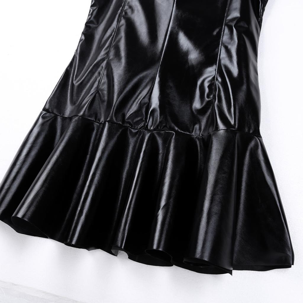 Black Women Ladies Leather High Collar Sleeveless Bottom Flare Mini Dress Clubwear #S-4XL