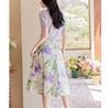 French style fresh and elegant style, purple imitation satin, niche print A-line skirt, slimming half skirt