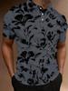 Men's Short-Sleeve Polo Shirt with Full-Body Dark Floral Print Lapel Collar - Button-Up Button Placket Suitable for Dates, Beach Vacations, Summer