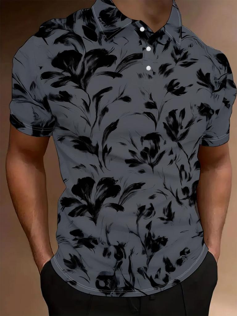 Men's Short-Sleeve Polo Shirt with Full-Body Dark Floral Print Lapel Collar - Button-Up Button Placket Suitable for Dates, Beach Vacations, Summer