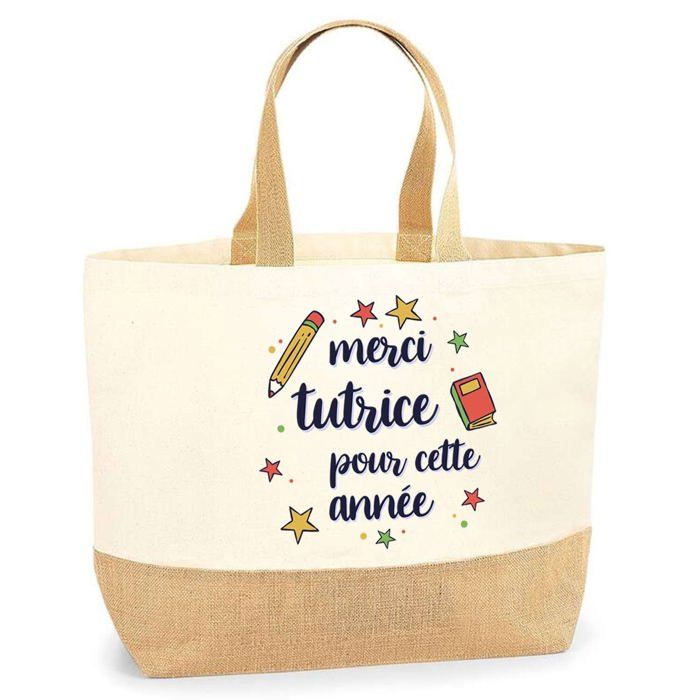 Tote bag - PLANETEE - Merci Tutrice étoiles - jute naturel - motif étoiles - Fabriqué en France