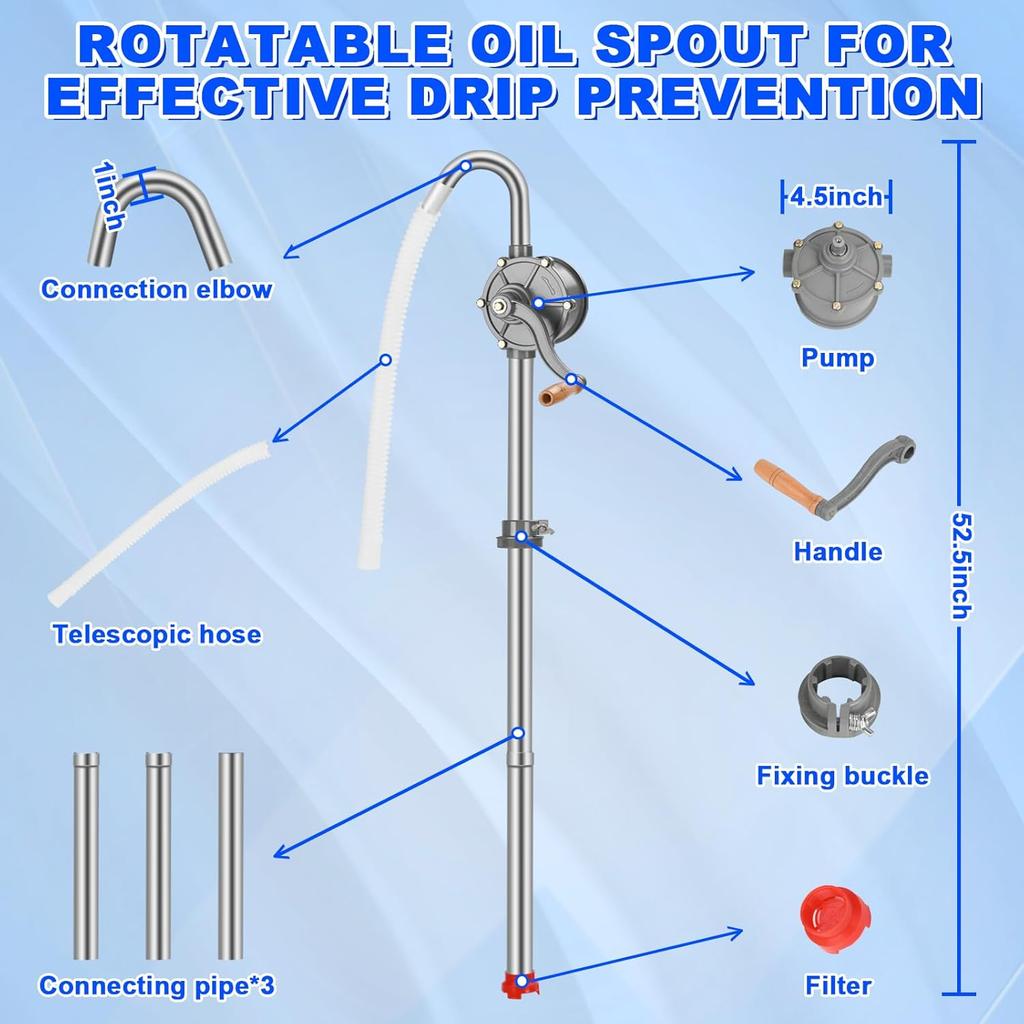 Бочковой насос 55 галлонов, Роторный полностью алюминиевый ручной насос для перекачки для бочек 5-55 галлонов Масло Дизель Керосин