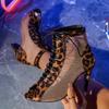 Fashion Leopard Mesh High Heels Women Sandals New Lace Up Cool Boots 2025 Summer Sexy Pointed Toe Pumps Elegant Party Sandalias De Mujer