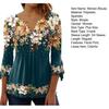 Women Spring Autumn V-neck Buttons Half Placket Blouse 3/4 Sleeves Loose Hem 3D Flower Print Pullover T-Shirt Top Streetwear
