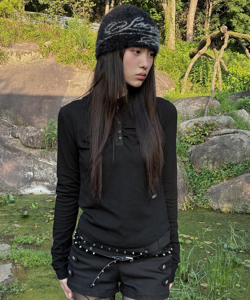 SECONDSALT Shirred Button Neck Hooded Long Sleeve (Black)