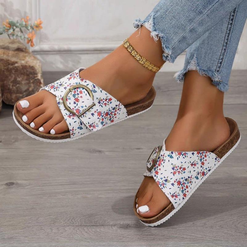 Летние новые плоские тапочки для женщин, модные круглые с металлической пряжкой, противоскользящие износостойкие сандалии