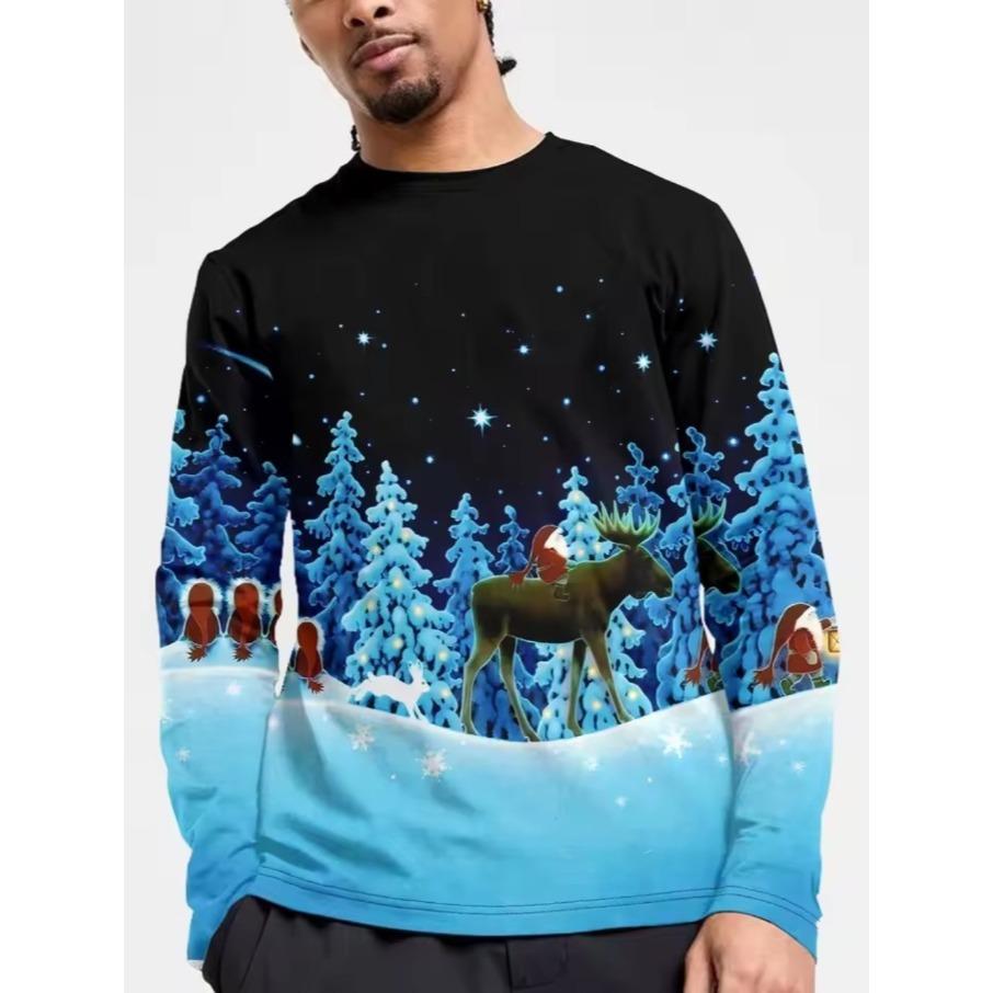 Мужская мода Полиэстер Удобные футболки Спорт Рождество 3D принт Свободная Футболка с круглым вырезом и длинным рукавом Топ