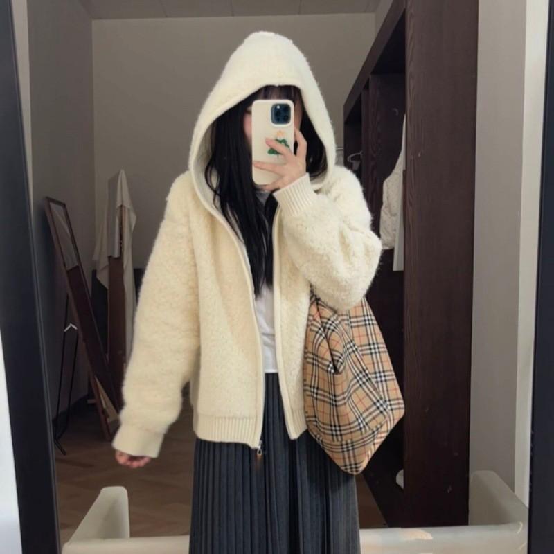 Korean Style Oversized Knit Cardigan Women Thick Cozy Hooded Sweater Long Sleeve Loose Fit 2026
