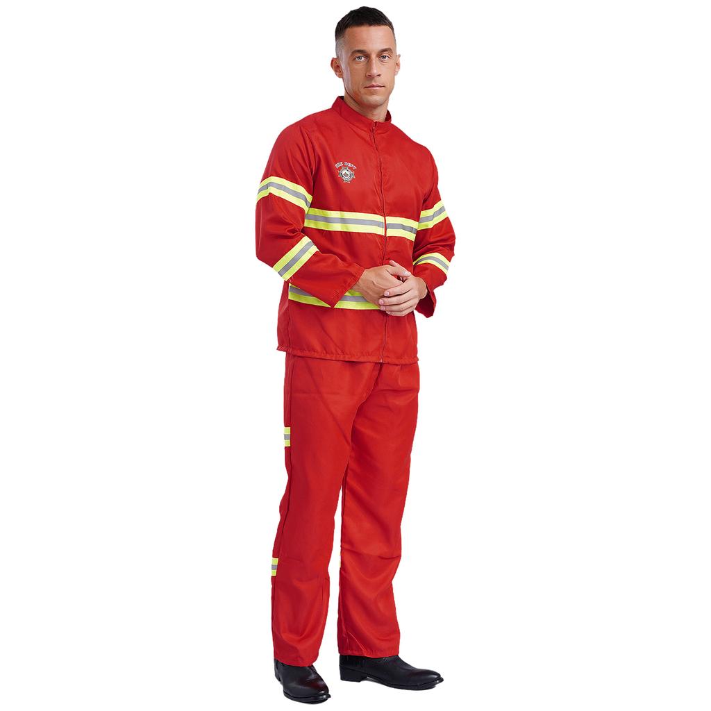 Мужской костюм пожарного, набор, пластиковая каска, куртка, брюки, ремень, светоотражающая полоса, наряд для переодевания, ролевой костюм