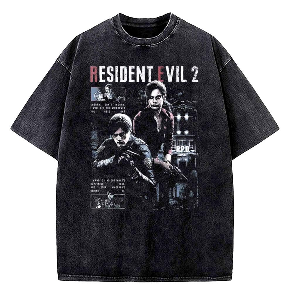 Leon Kennedy Requiem Game Theme Mens Tshirt Summer Vintage Washed Cotton Casual Suitable for Both Men and Women