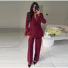 Fashion OL Wine Red Suit Long Pants Sets for Women Feather Patchwork Sleeve Blazer Jacket High Waist Trousers Lady 2 Pieces Sets