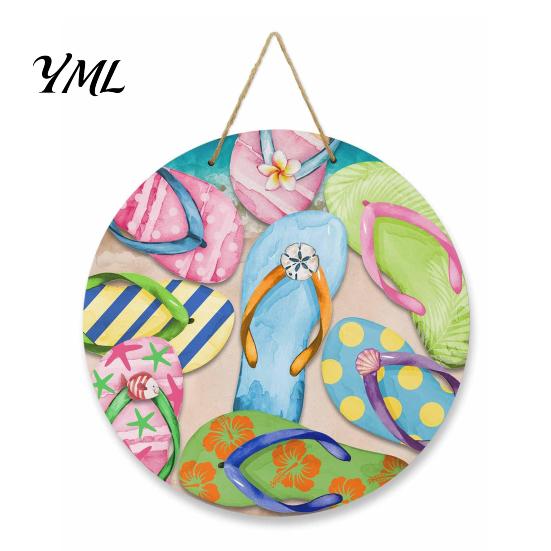 Summer Beach Decor Round Wooden Door Hanger, Watercolor Welcome Sign, Hello Sunshine Indoor Outdoor Wall Hanger Please Plaque for Porch Decorative