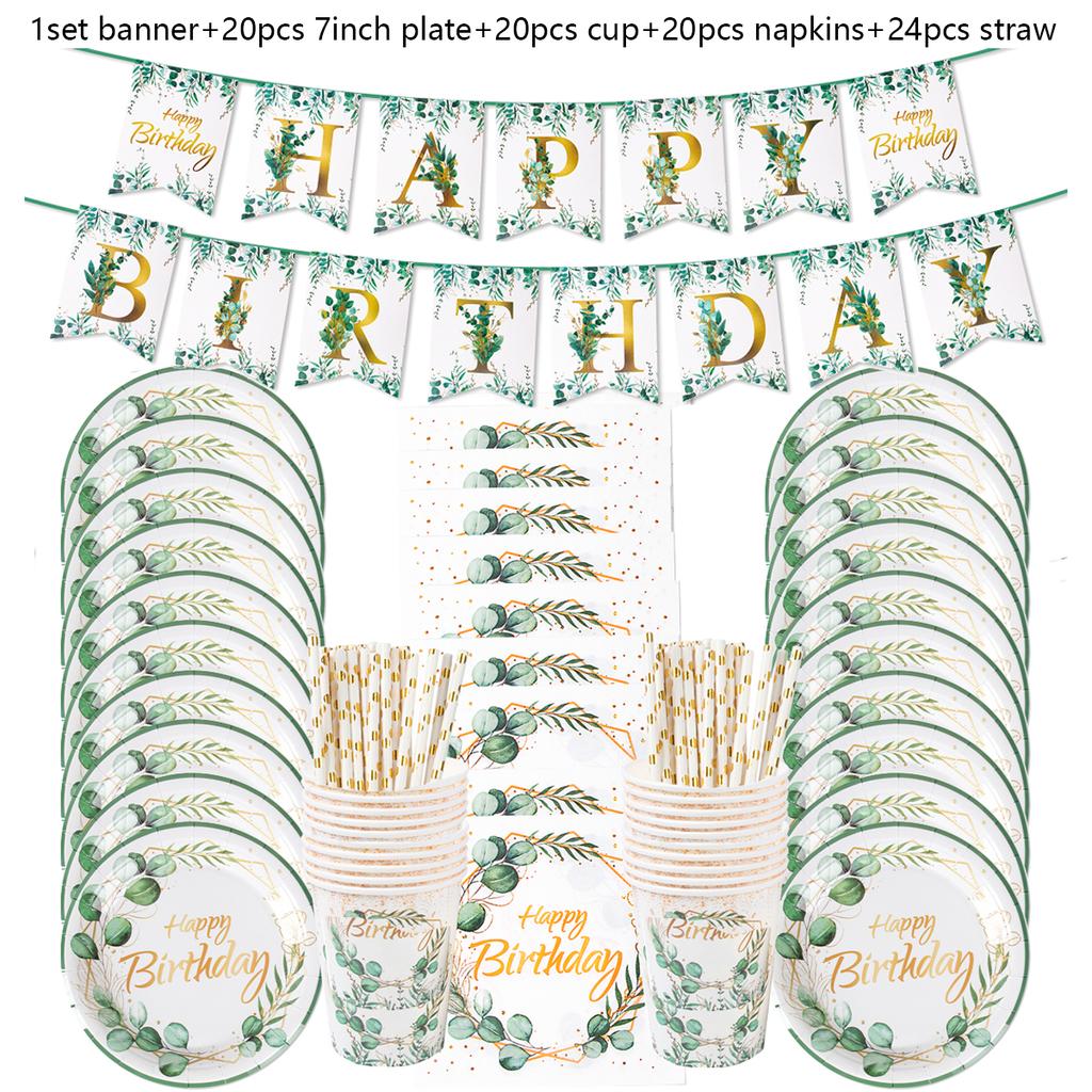 Greenery Eucalyptus Happy Birthday Disposable Plates Cups Napkins Birthday Party Decoration Green Leaf Pattern Birthday Supplies