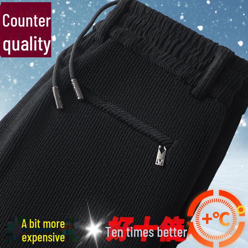 Мужские деловые брюки осень/зима из вельвета с эластичной резинкой на талии — плотные, теплые, плюс бархат, прямого кроя