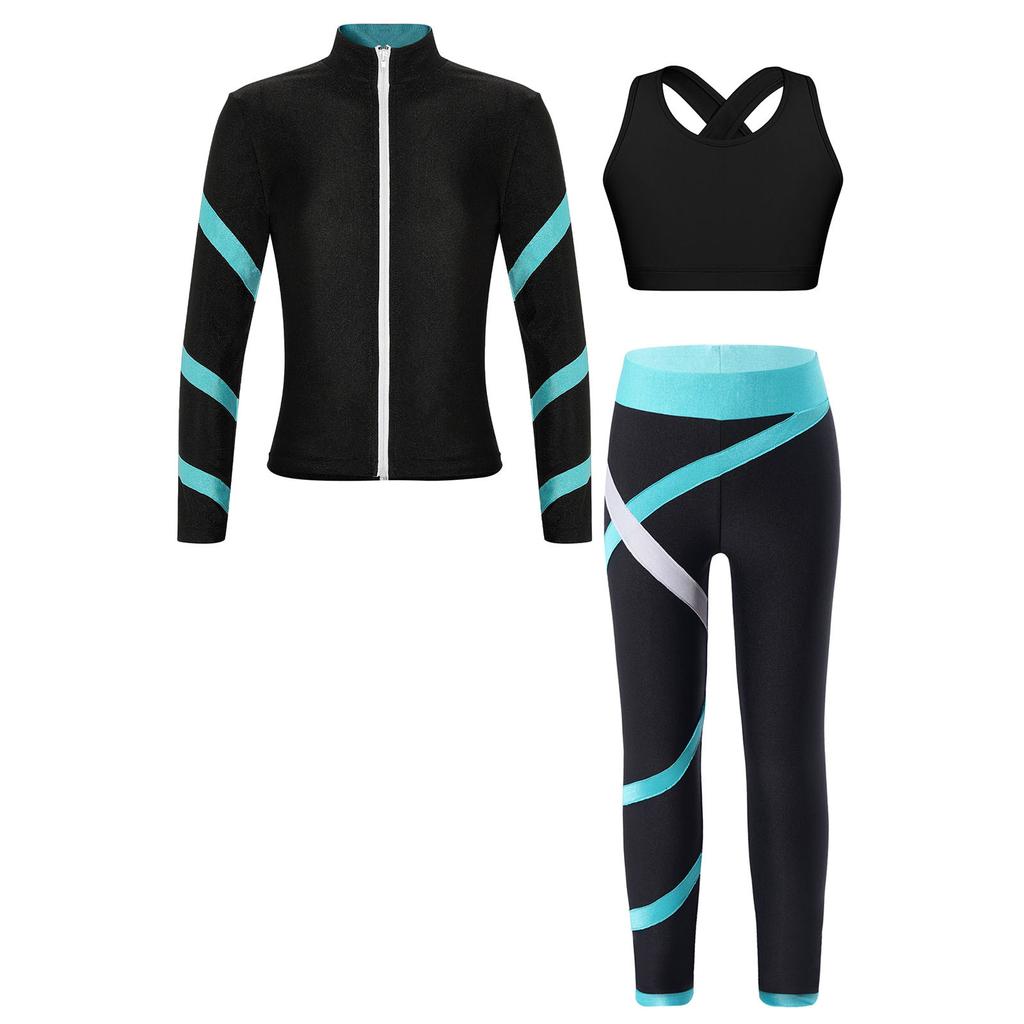 Teen Girls Figure Skating Sports Suit 3Pcs Bra Tops Shorts Leggings Jacket Set for Workout Gymnastics Fitness Yoga Training