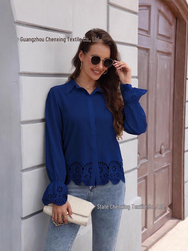 Женская элегантная блузка с длинными рукавами и ажурной отделкой