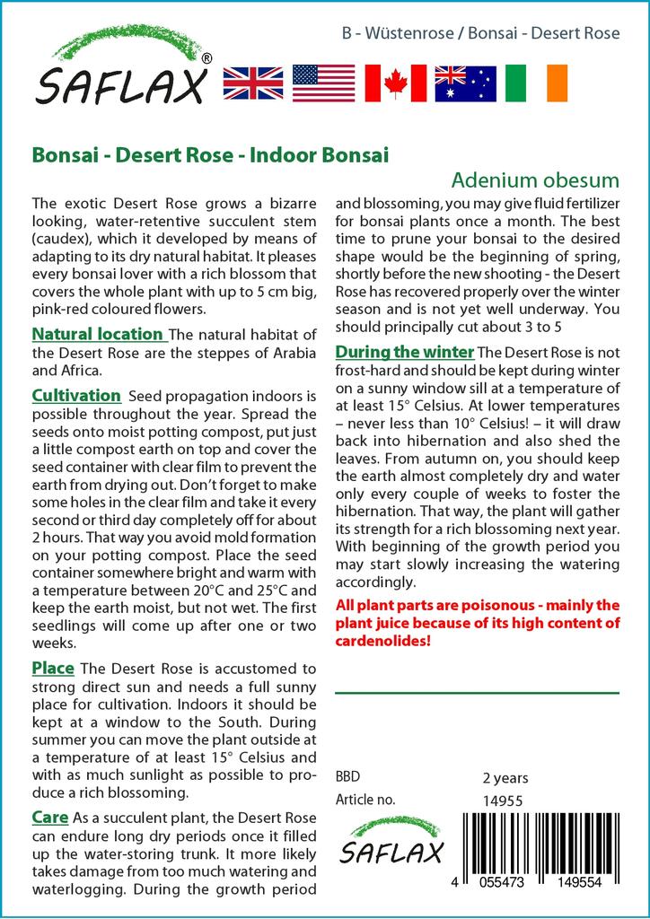 SAFLAX Garden in the Bag - Бонсай - Роза пустыни - 8 семян - С субстратом в подходящем пакете - Adenium obesum