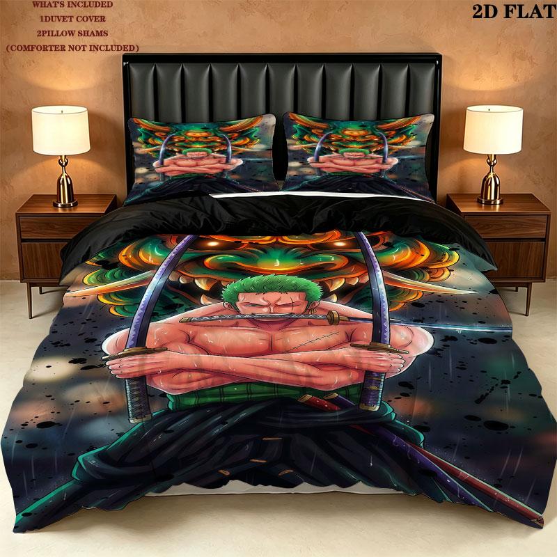 Roronoa Zoro One Piece Pattern Bedding Quilt Set Quilt Cover Pillowcase Home Birthday Gift(1 * duvet cover + 2 * pillowcase, without core)